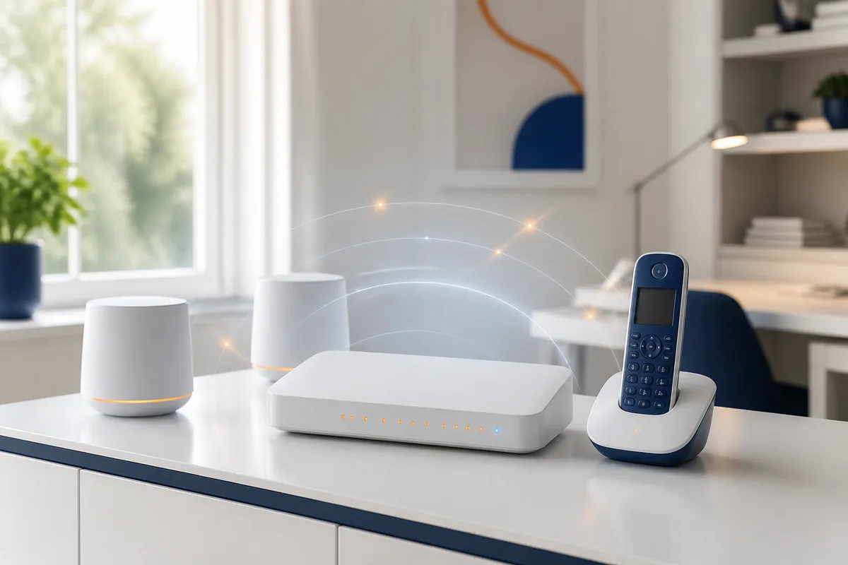 Router, Mesh-Komponenten und schnurloses Telefon